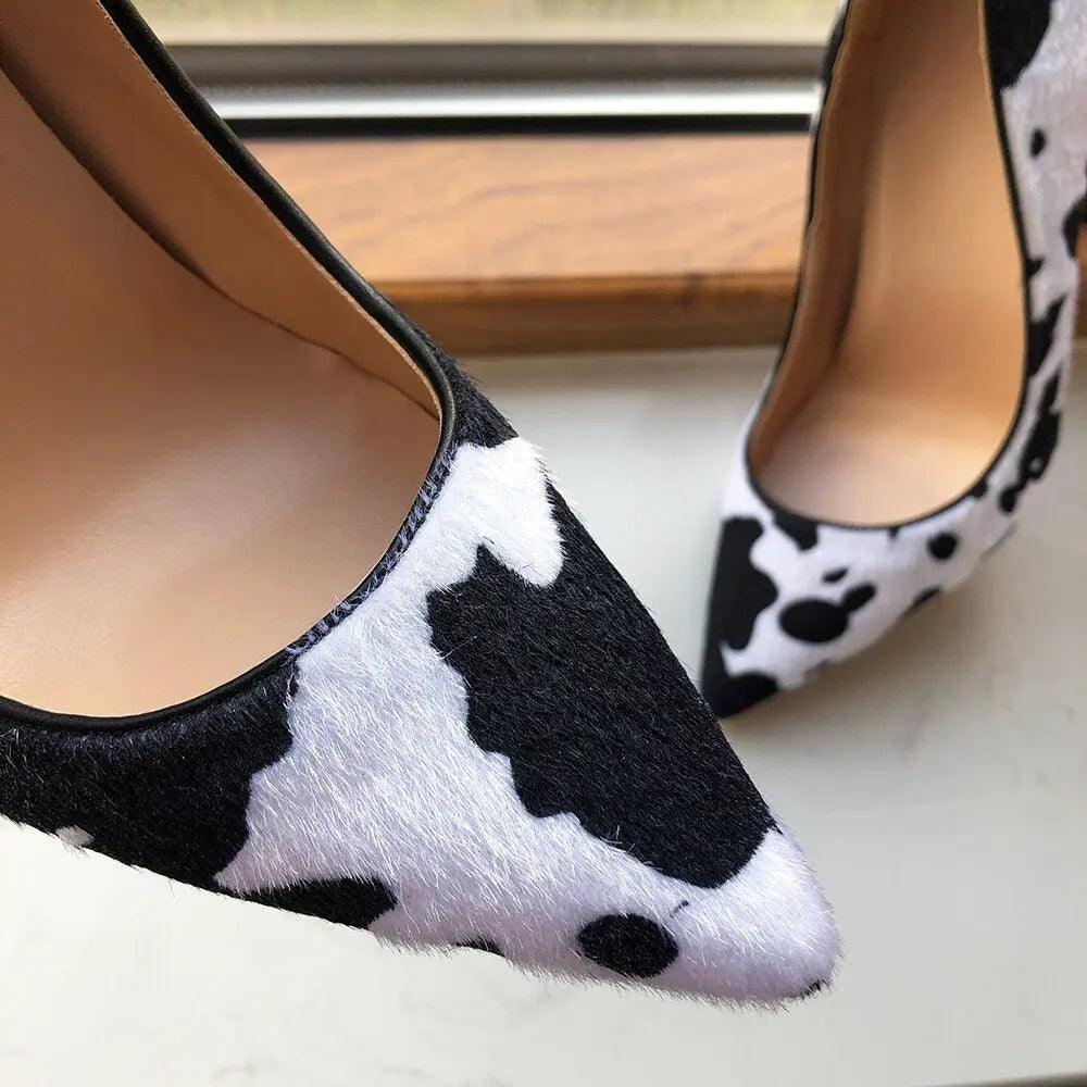 Tikicup Cow Print Women White Hairy Flock Pointy Toe High Heels eprolo