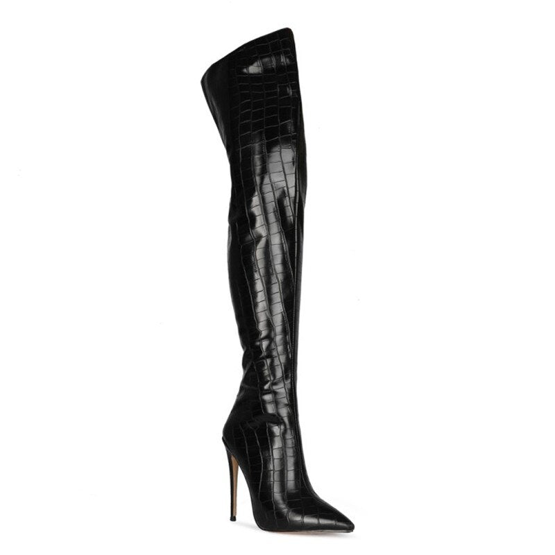 Mstacchi Back Zipper Women Over The Knee Boots Sexy Plaid Stripes Thin Heel Party Stiletto