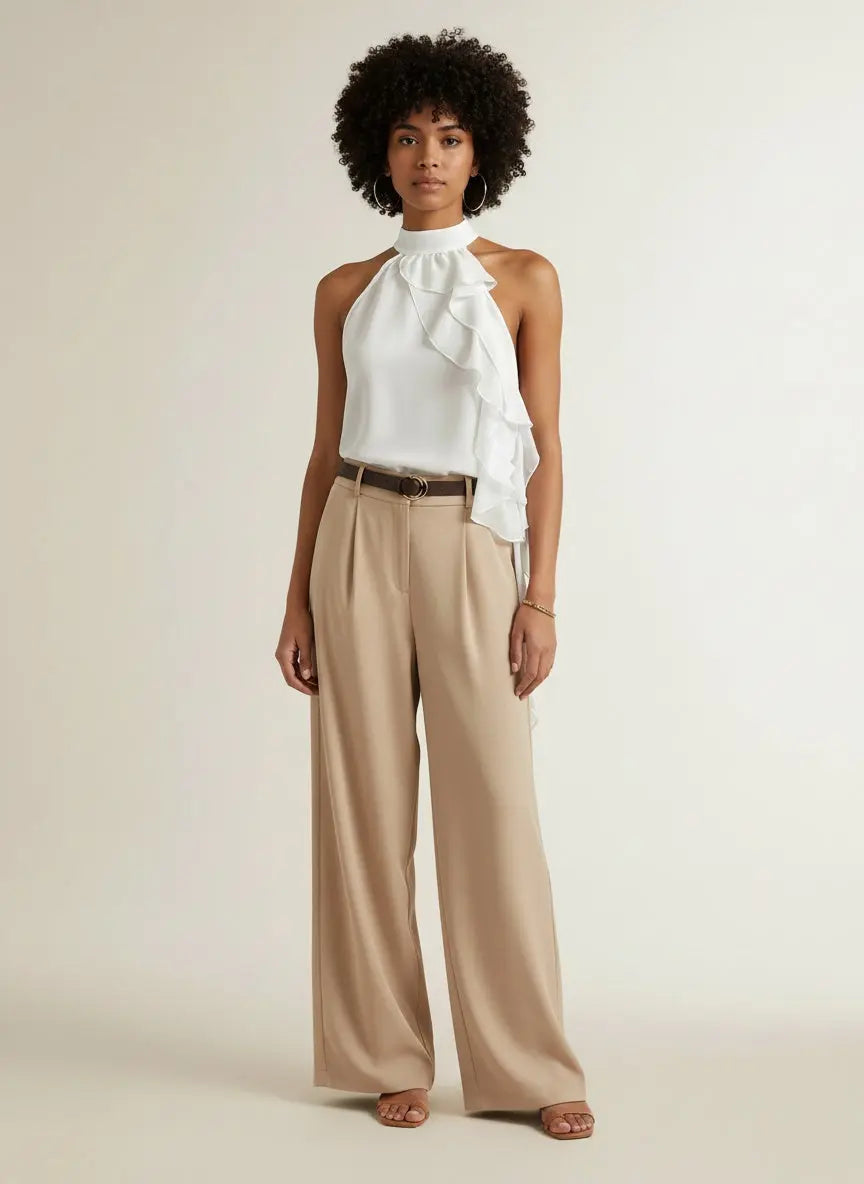 Full body view of the model wearing Ruffle Halter Neck Sleeveless Blouse