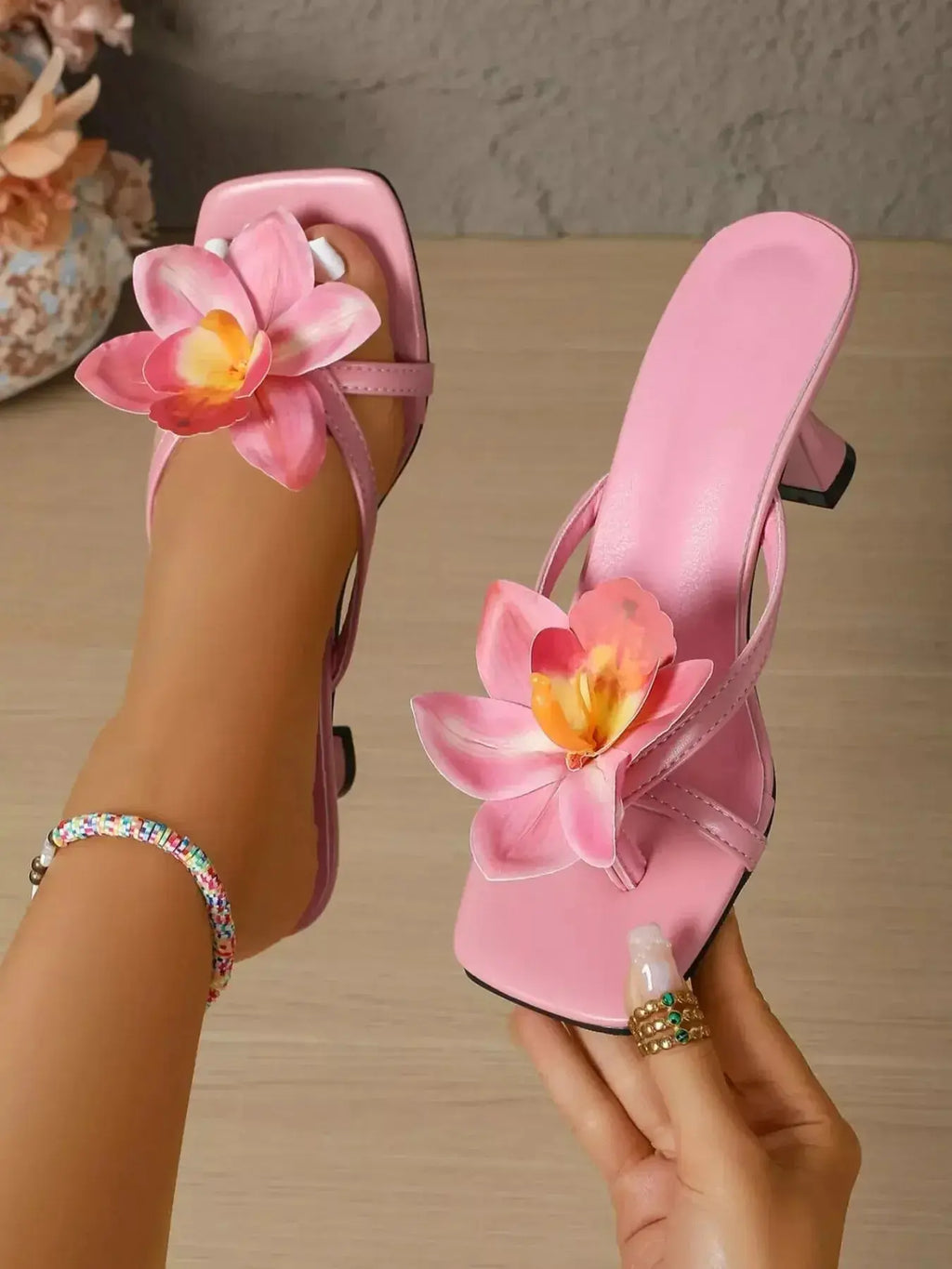 Flower Open Toe Flare Heels Sandals - DaisyDrop 