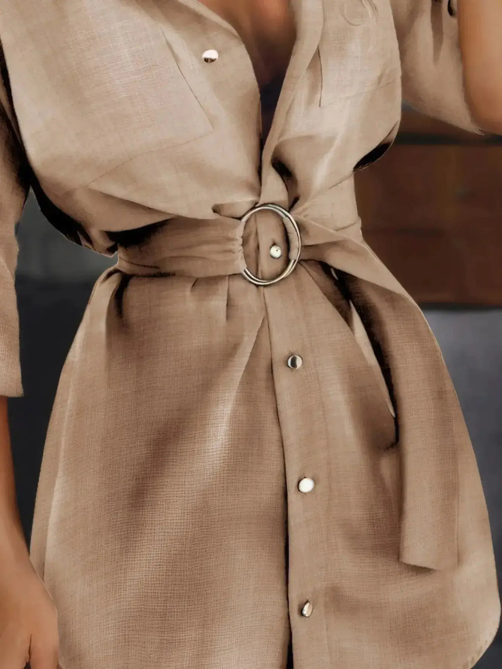 Button-Front Belted Shirt Dress - DaisyDrop 