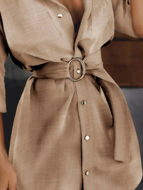 Button-Front Belted Shirt Dress - DaisyDrop 