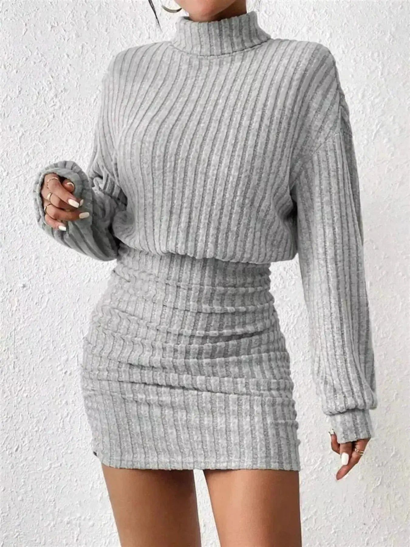 Ribbed Knit Turtleneck Bodycon Mini Dress - DaisyDrop 