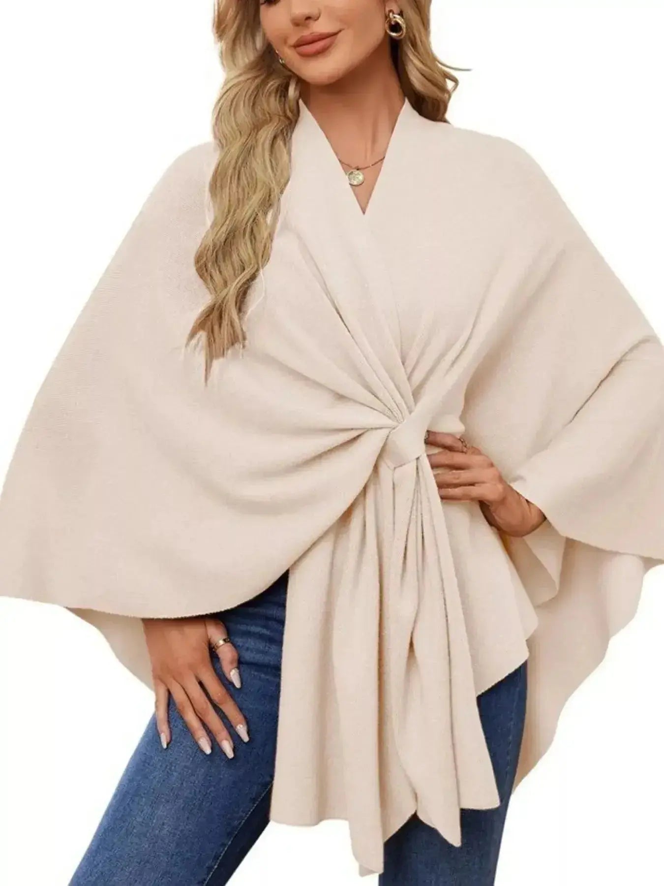 Solid Color Tie-Front Knit Cape Top - DaisyDrop 