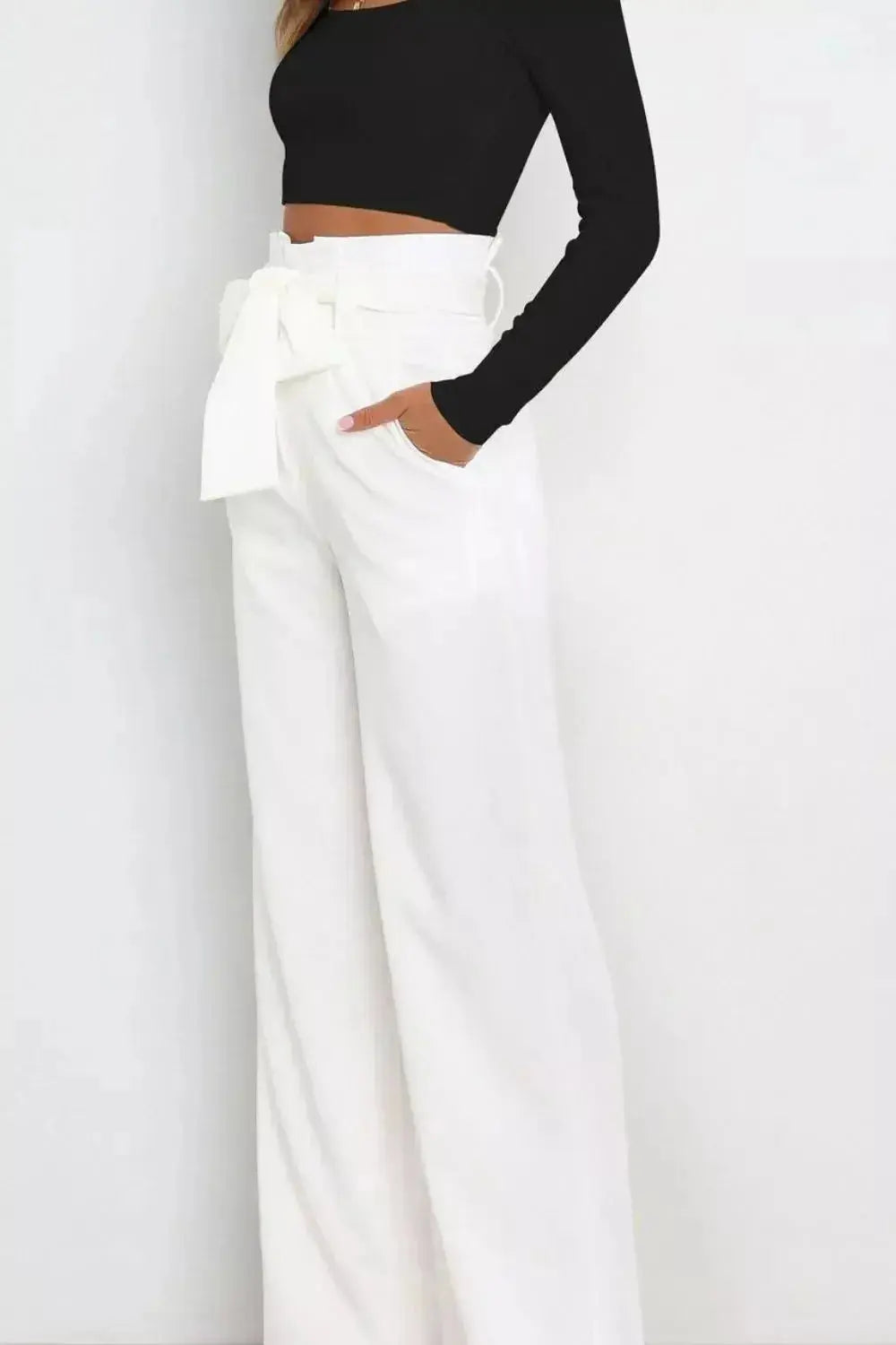 High Waist Tie Front Wide Leg Pants - DaisyDrop 