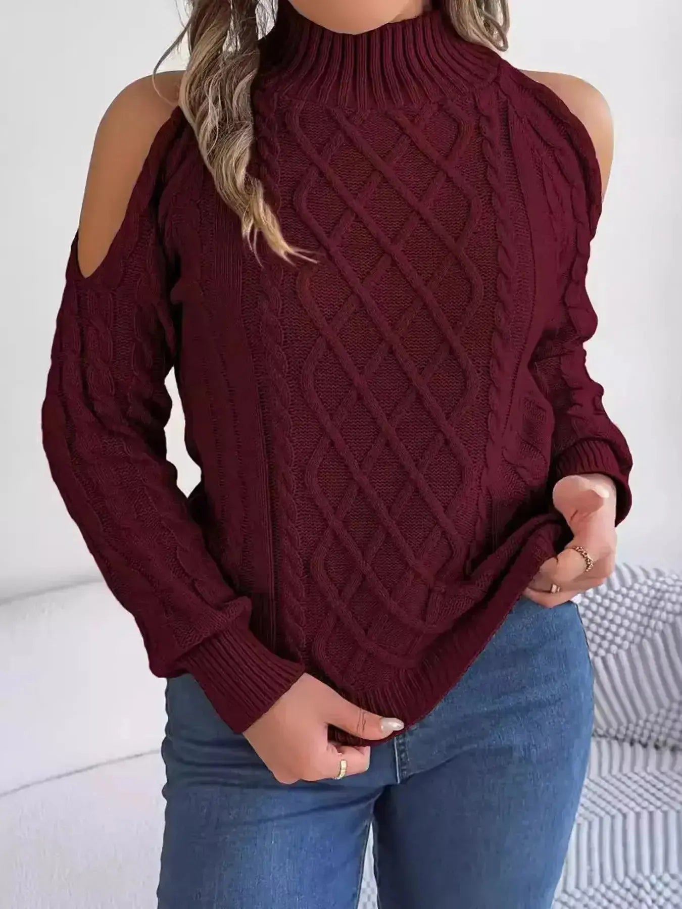 Cable Knit Cold Shoulder Turtleneck Sweater - DaisyDrop 