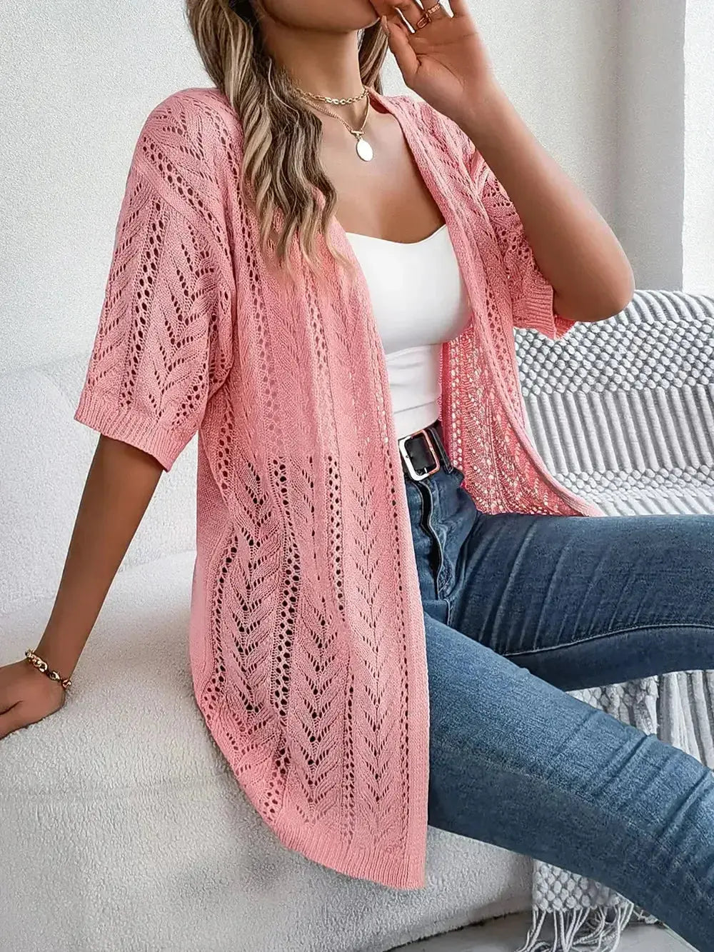 Openwork Open Front Half Sleeve Cardigan - DaisyDrop 