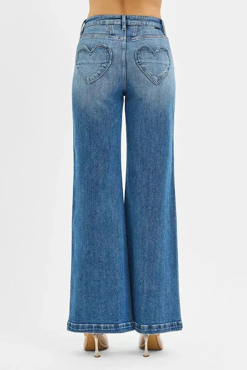 RISEN High Rise Wide Leg Jenas with Front Yoke and Heart Back Pocket - DaisyDrop 