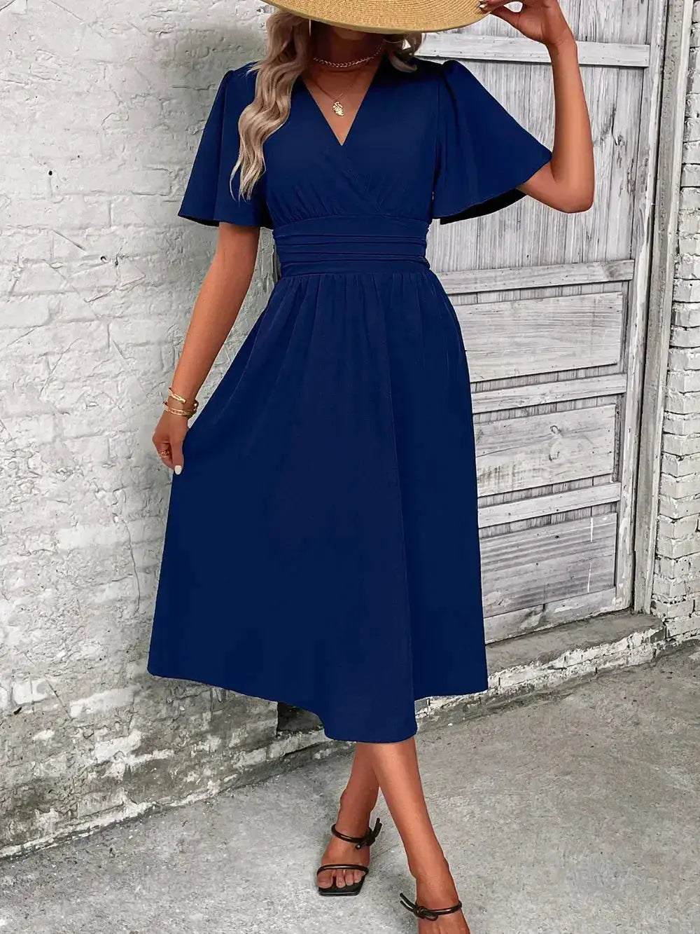 Surplice Flutter Sleeve Midi Dress - DaisyDrop 