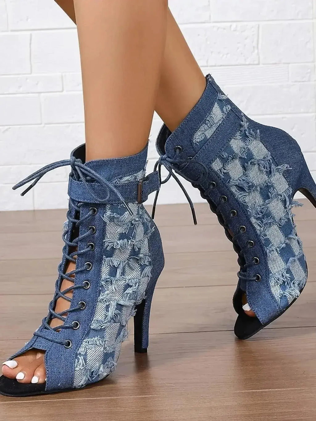 Distressed Denim Lace-Up Peep Toe Ankle Boots - DaisyDrop 