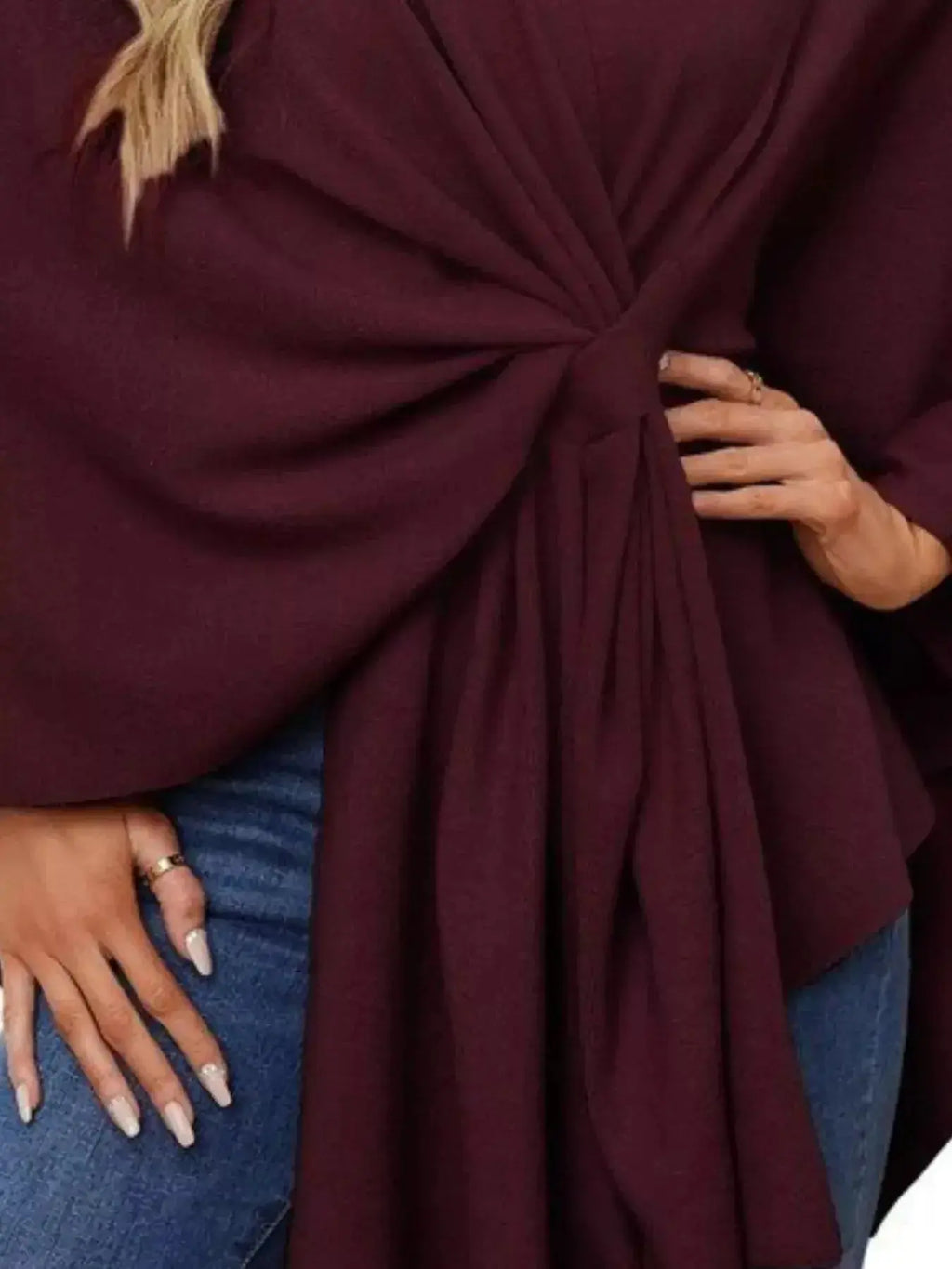 Solid Color Tie-Front Knit Cape Top - DaisyDrop 