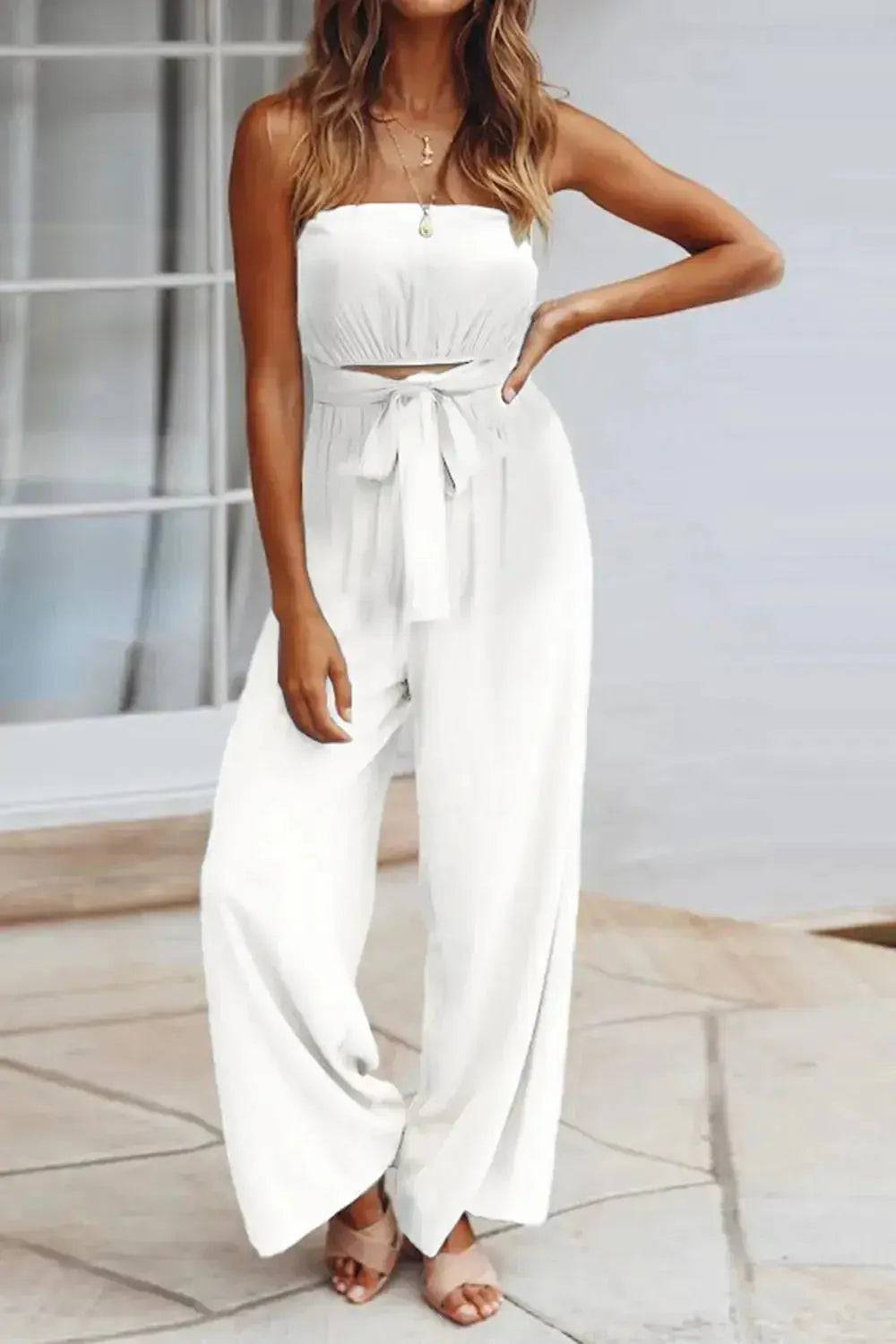 Tied Cutout Tube Wide Leg Jumpsuit - DaisyDrop 