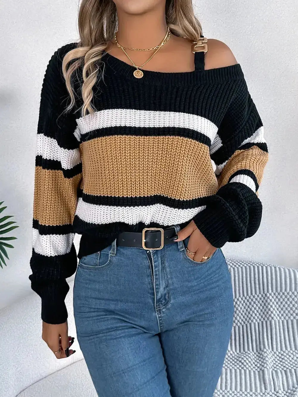 Color Block Asymmetrical Neck Long Sleeve Sweater - DaisyDrop 