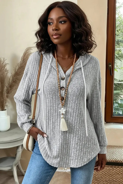 Casual Ribbed Button Detail Hoodie - DaisyDrop 