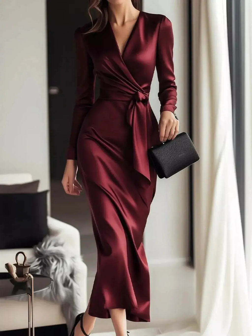 Satin Wrap Long Sleeve Midi Dress - DaisyDrop 