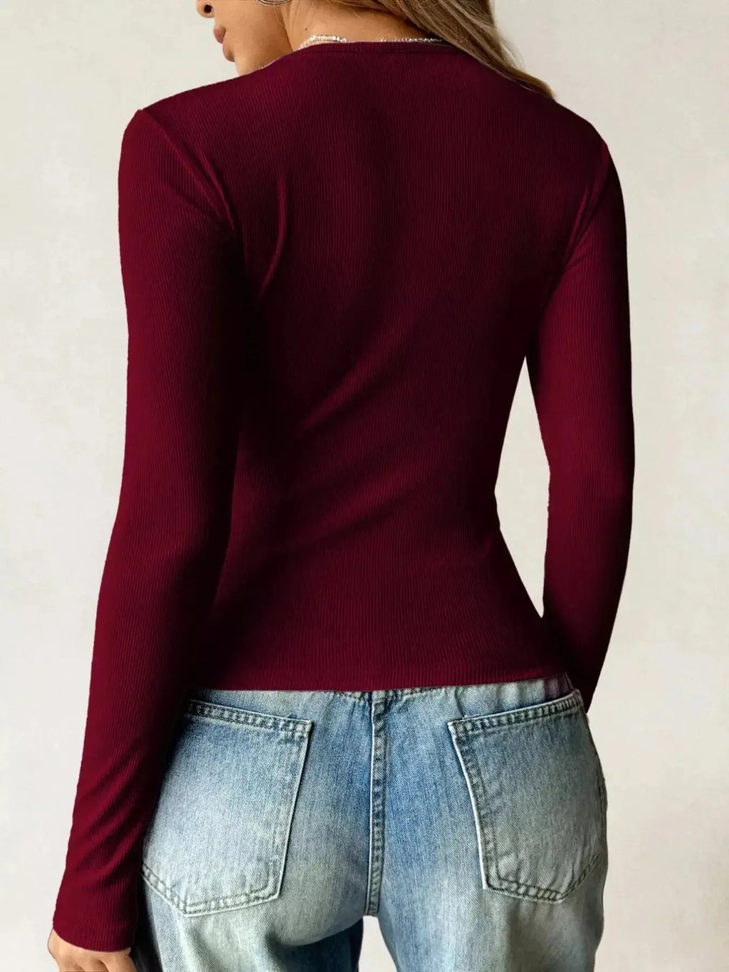Ribbed Knit Long Sleeve Fitted T-Shirt - DaisyDrop 