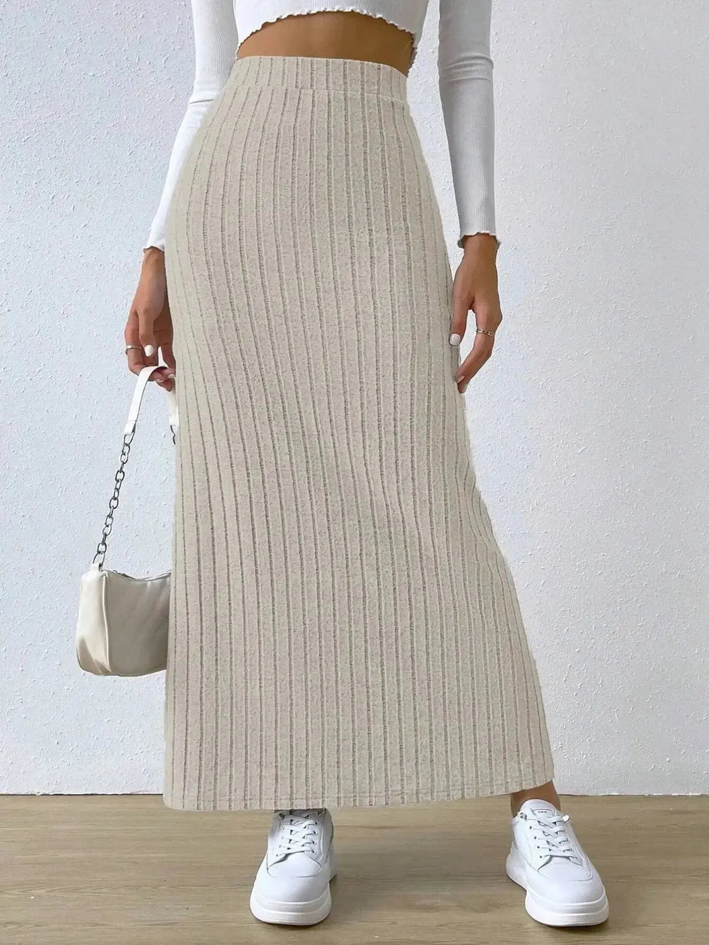 High Waist Ribbed Knit Maxi Skirt - DaisyDrop 