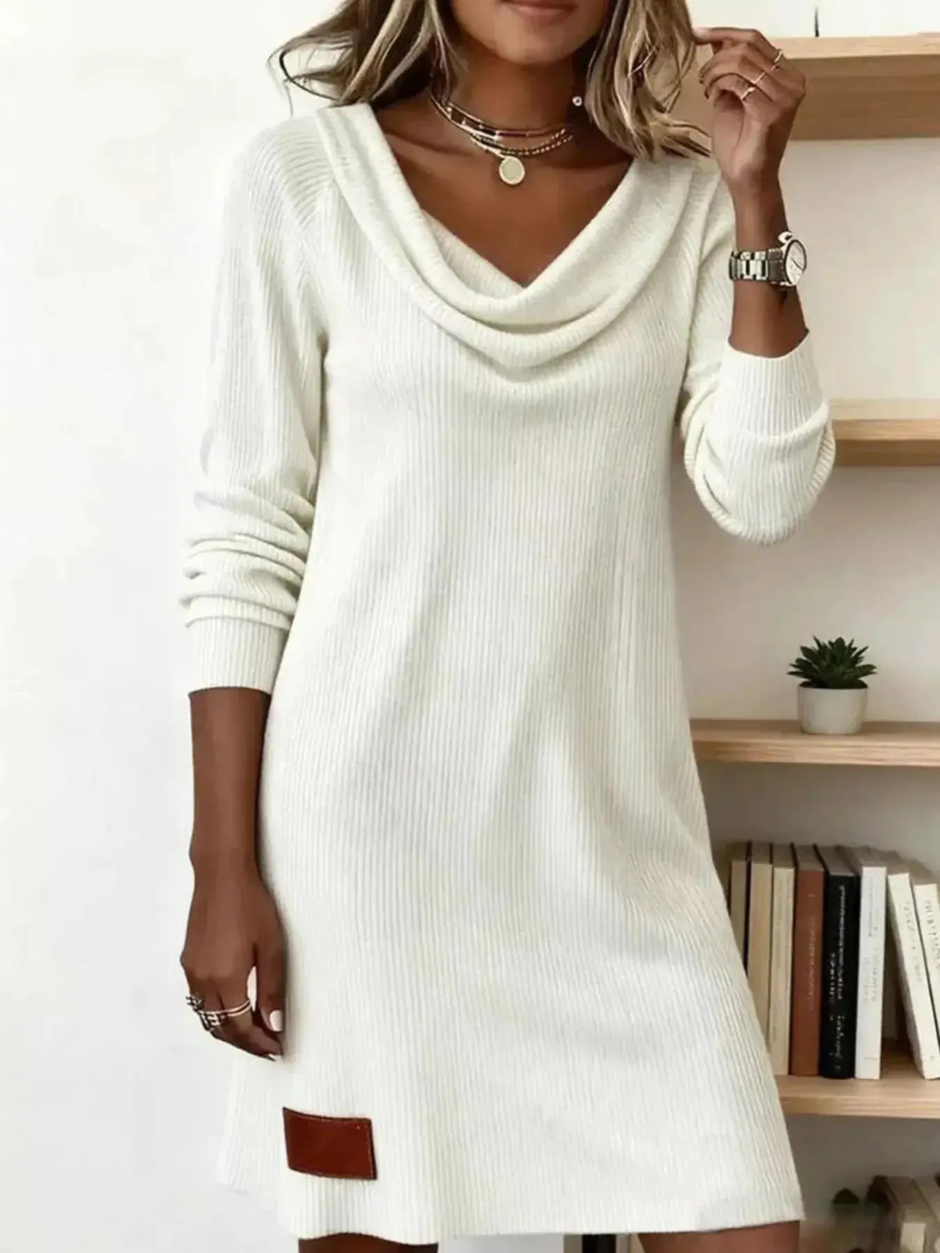 Casual Cowl Neck Ribbed Knit Mini Dress - DaisyDrop 