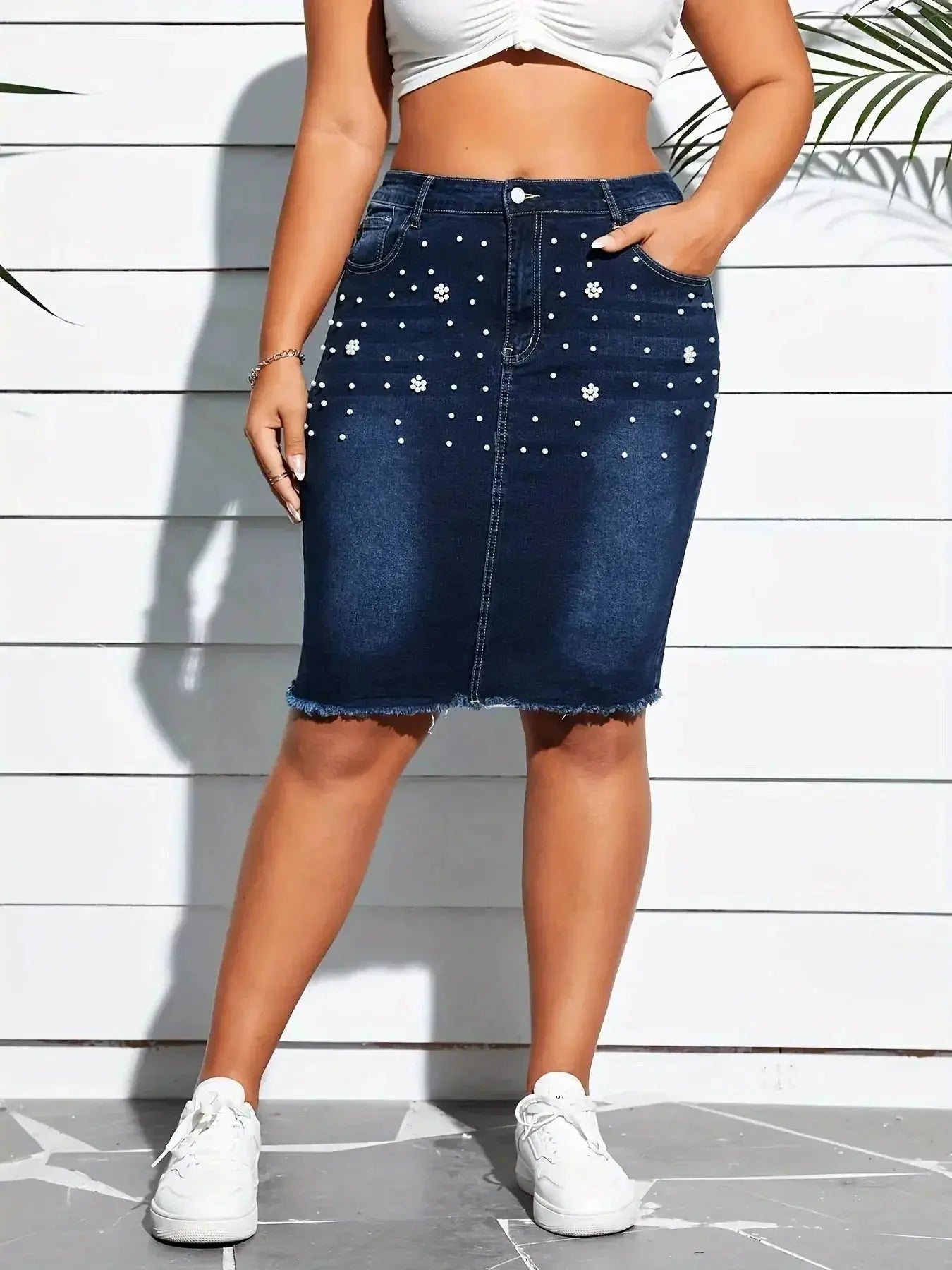 Plus Size Pearl Embellished Frayed Hem Denim Skirt - DaisyDrop 