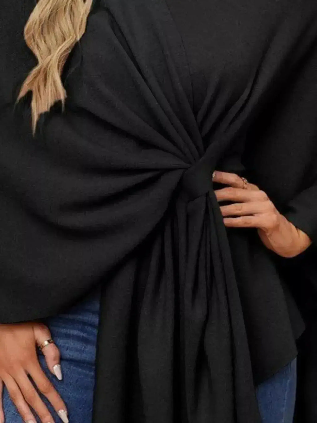 Solid Color Tie-Front Knit Cape Top - DaisyDrop 