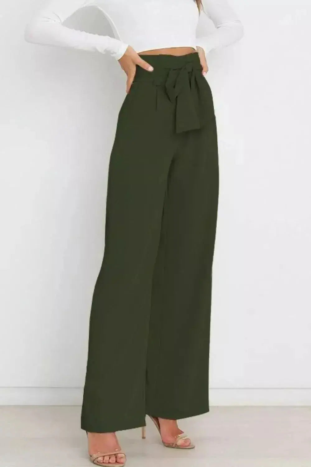 High Waist Tie Front Wide Leg Pants - DaisyDrop 