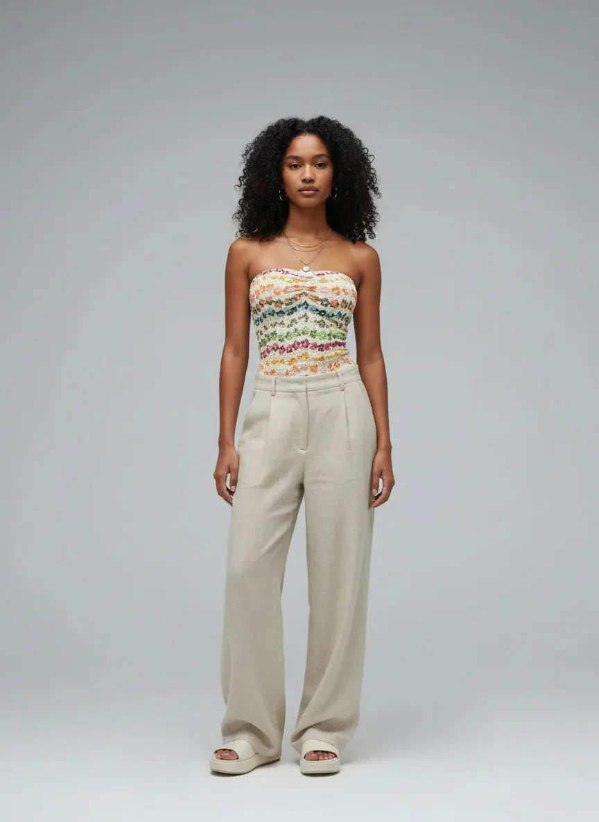 Full body view of the model wearing Floral Ruched Tube Top