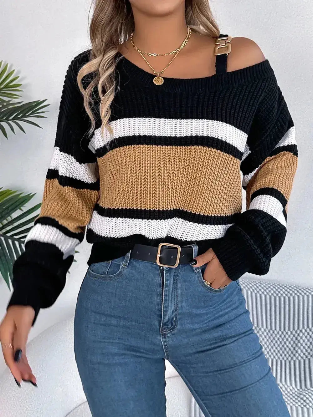 Color Block Asymmetrical Neck Long Sleeve Sweater - DaisyDrop 