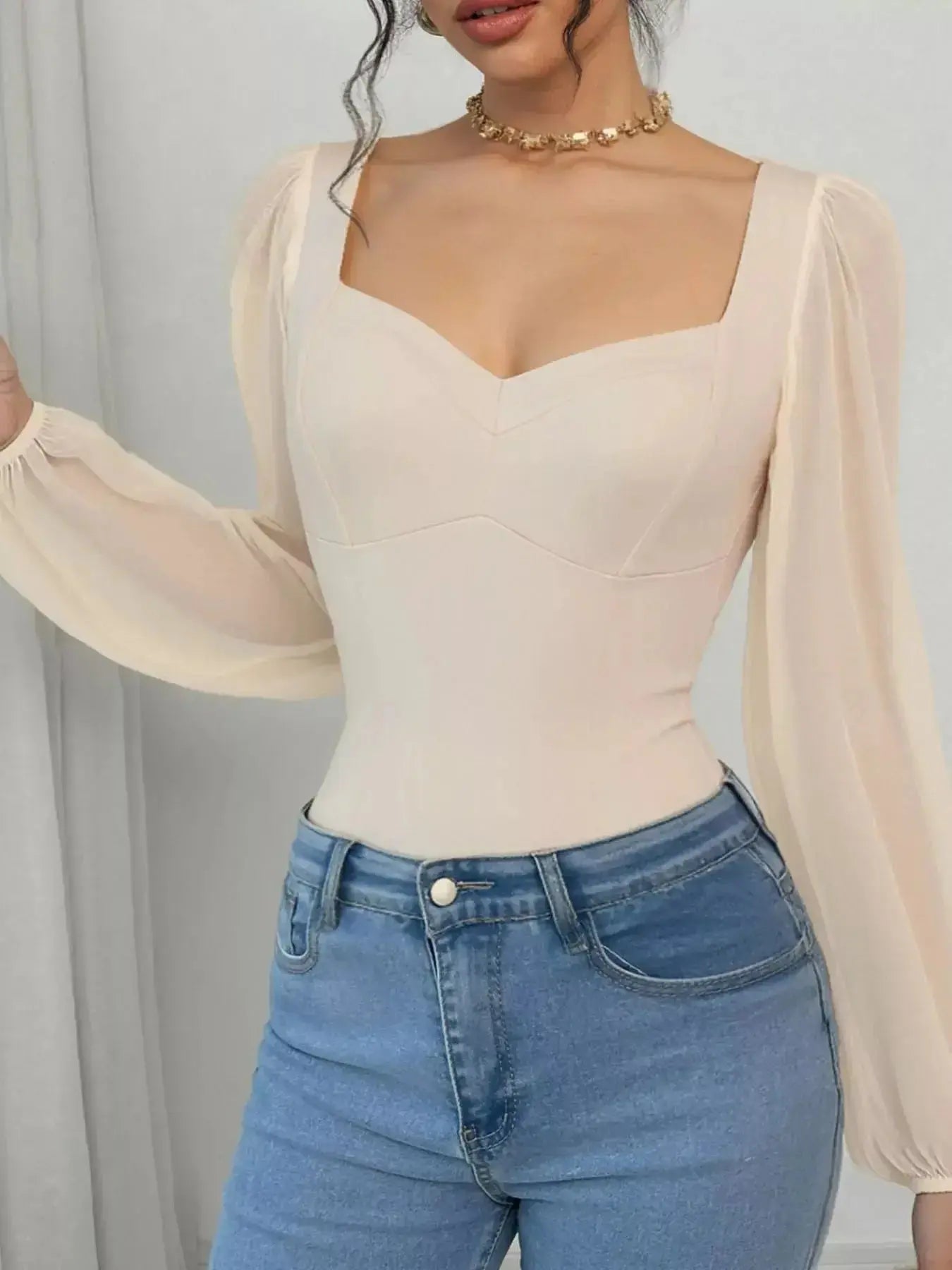 Sweetheart Neck Balloon Sleeve Bodysuit - DaisyDrop 