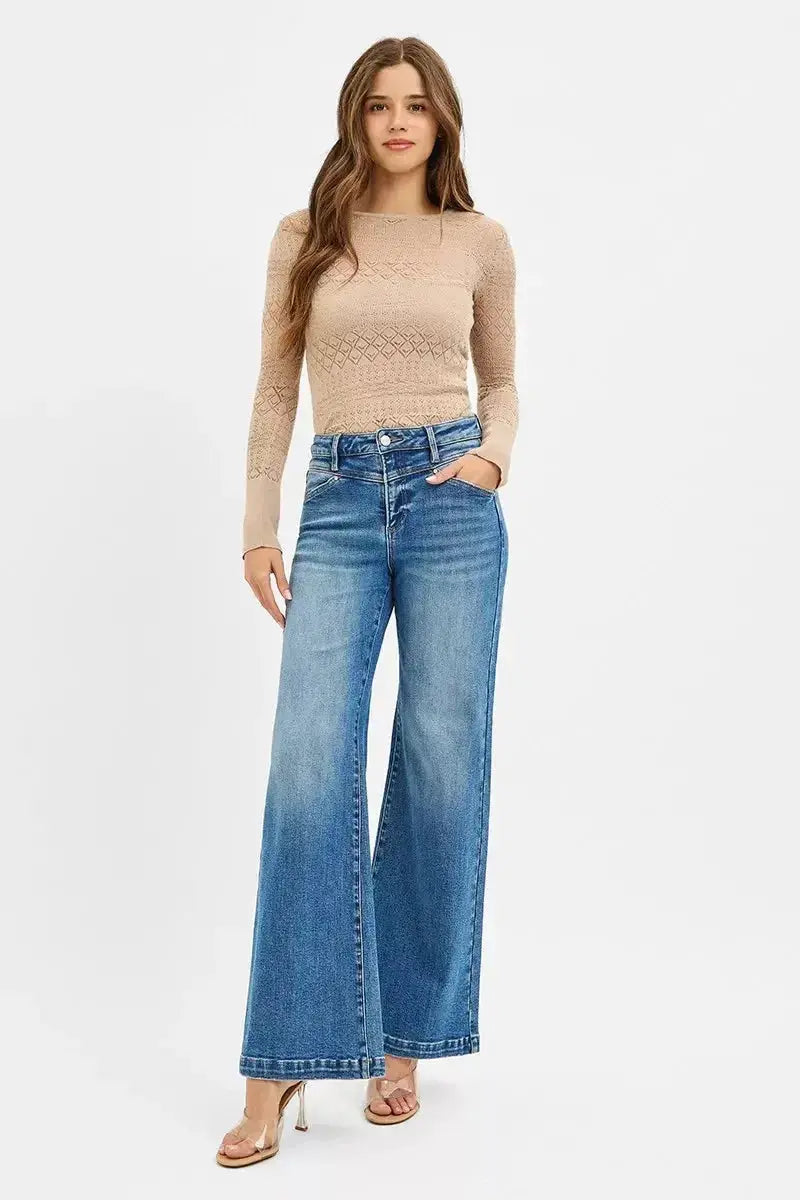 RISEN High Rise Wide Leg Jenas with Front Yoke and Heart Back Pocket - DaisyDrop 