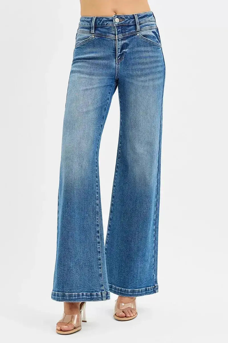 RISEN High Rise Wide Leg Jenas with Front Yoke and Heart Back Pocket - DaisyDrop 