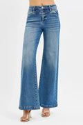 RISEN High Rise Wide Leg Jenas with Front Yoke and Heart Back Pocket - DaisyDrop 