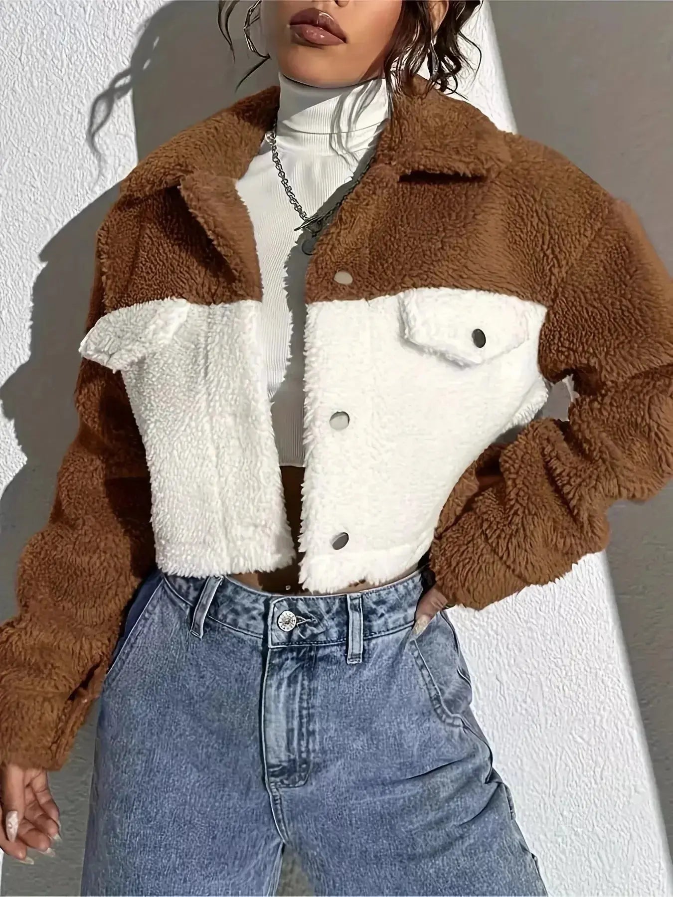 Two-Tone Plush Cropped Jacket - DaisyDrop 