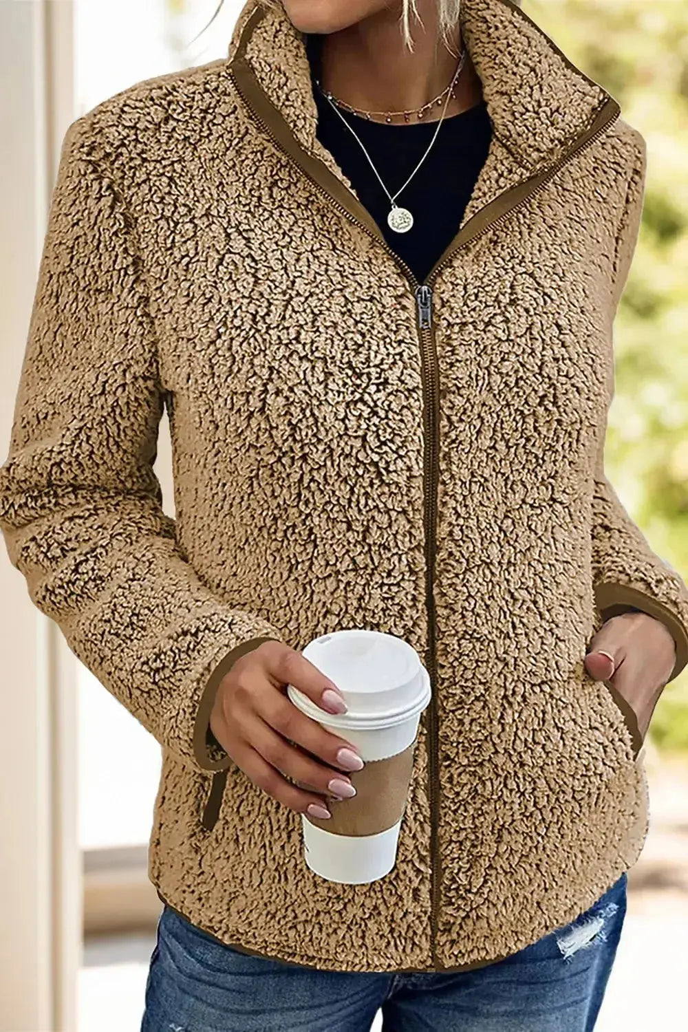 Pocketed Zip Up Turtleneck Jacket - DaisyDrop 