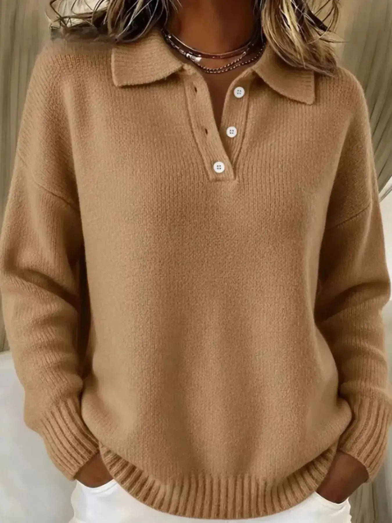Full Size Half Button Collar Drop Shoulder Sweater Plus Size - DaisyDrop 