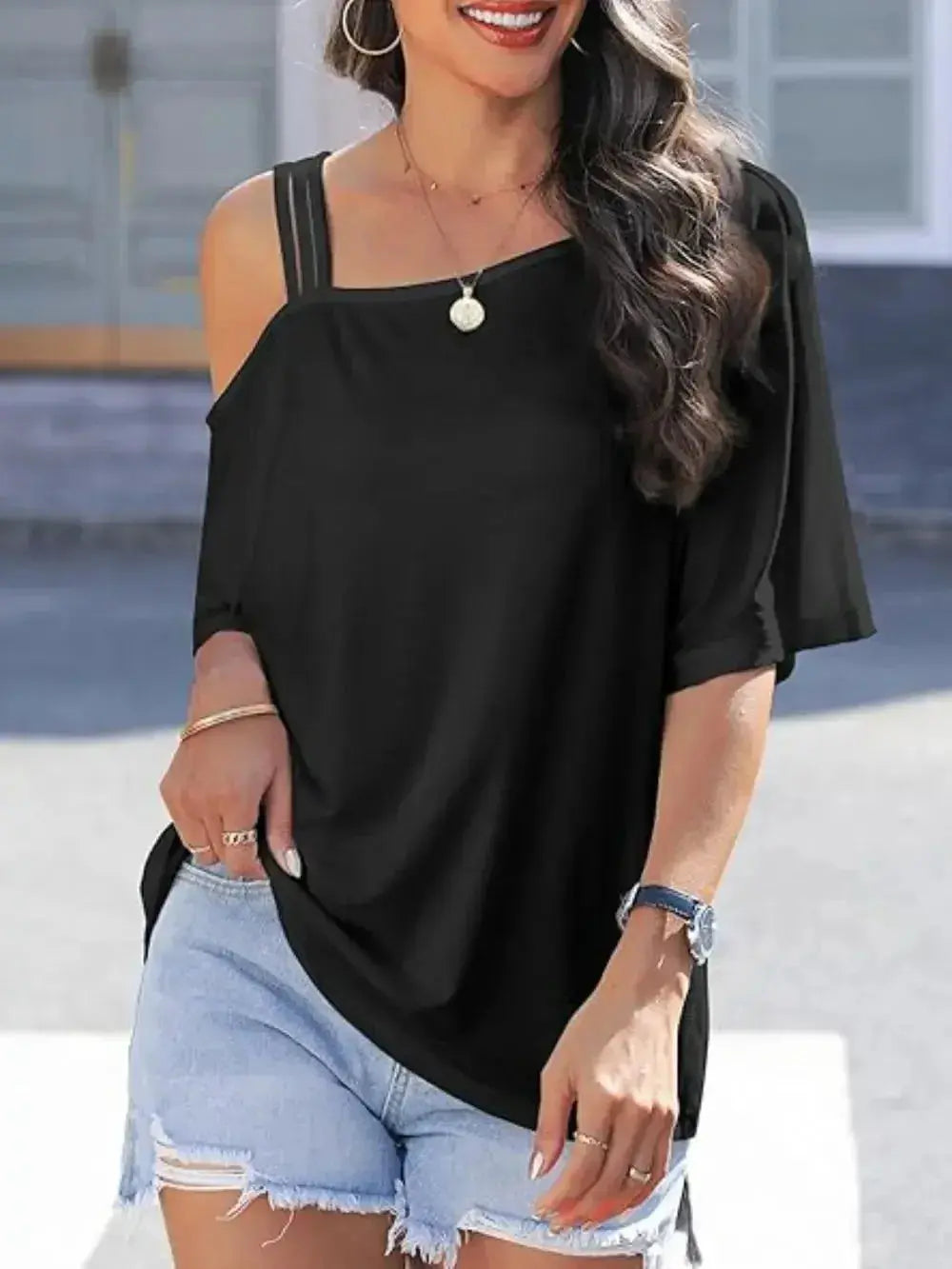 Asymmetrical Neck Half Sleeve T-Shirt - DaisyDrop 