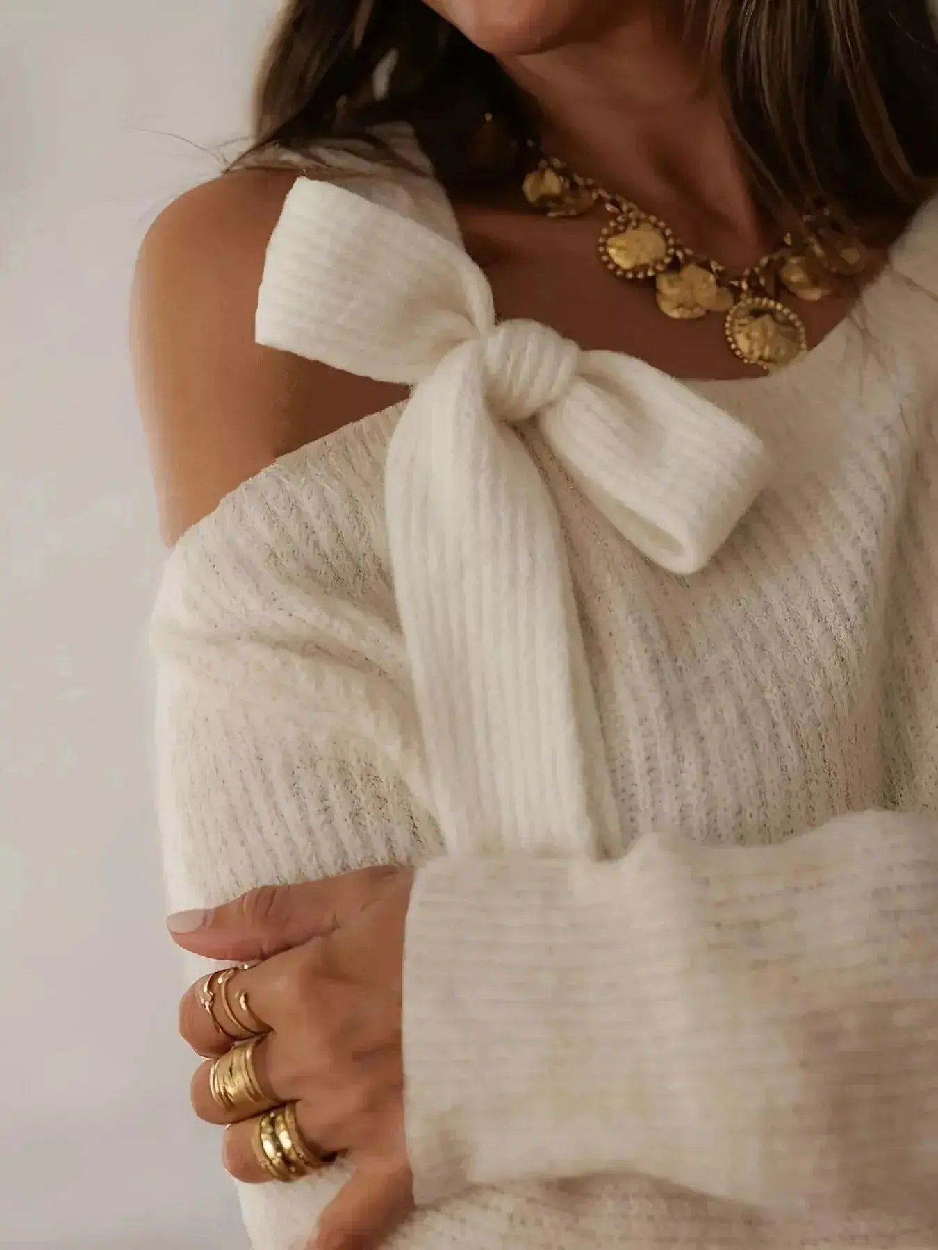 Bow-Accent One-Shoulder Sweater - DaisyDrop 