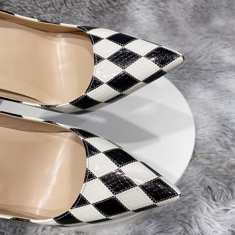 Tikicup Black White Diamond Crocodile Effect Women Pointy Toe High Heel