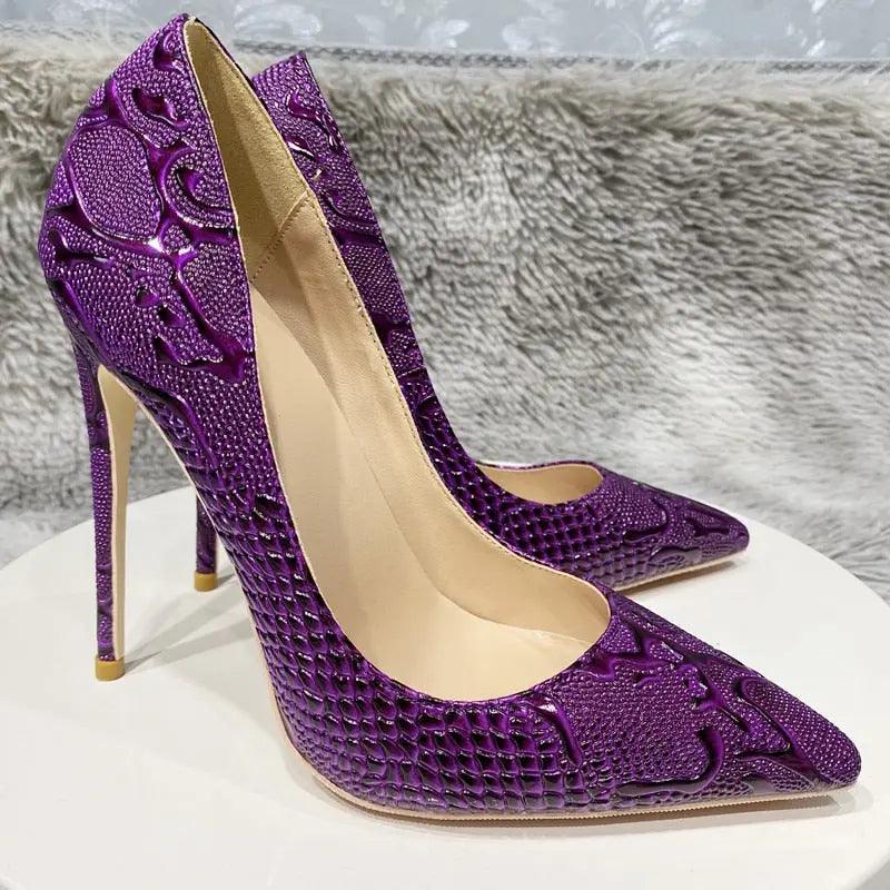 Tikicup Purple Embossed Women's Crocodile Effect Pointy Toe eprolo