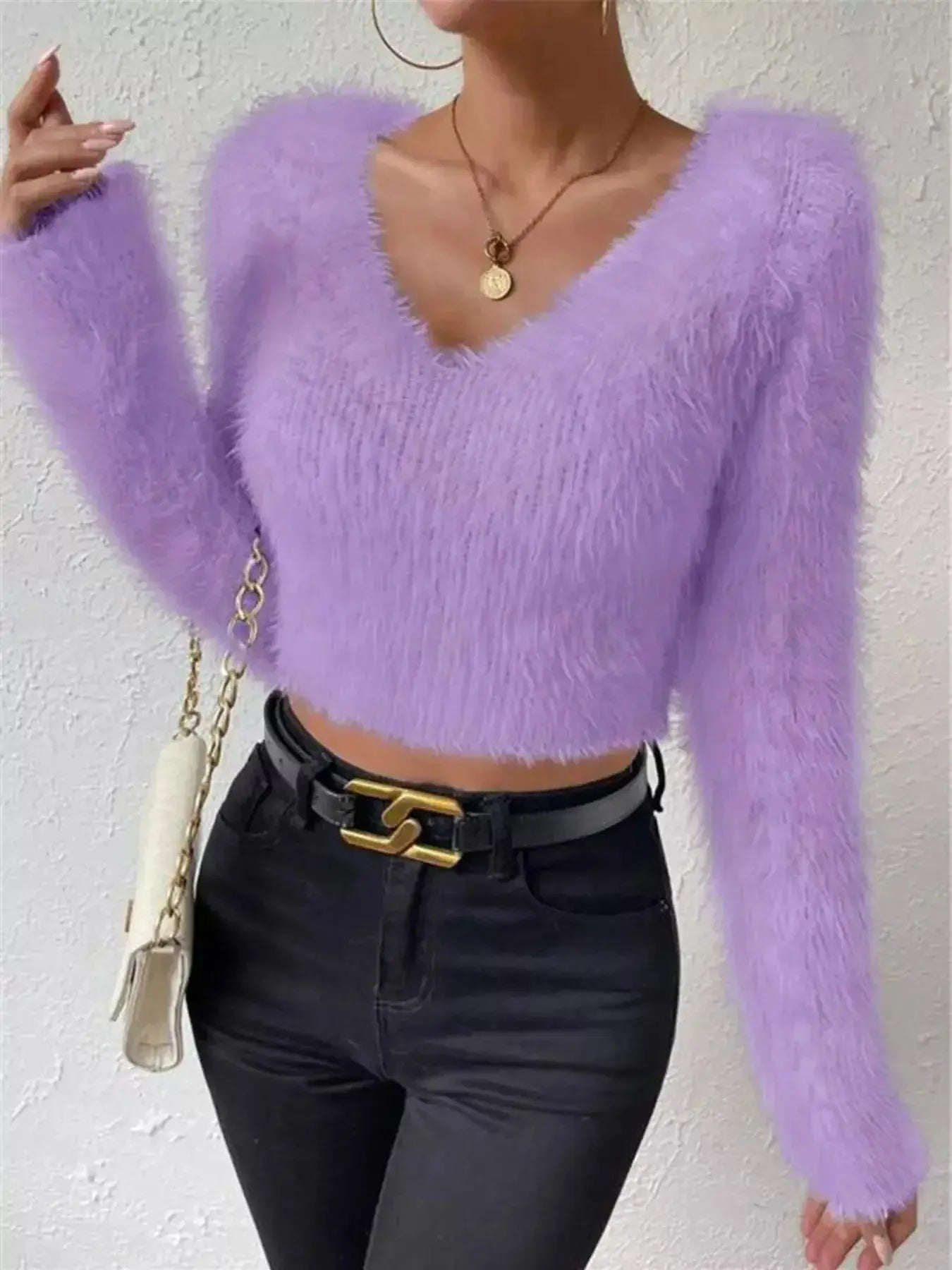 Fluffy Knit V-Neck Sweater - DaisyDrop 