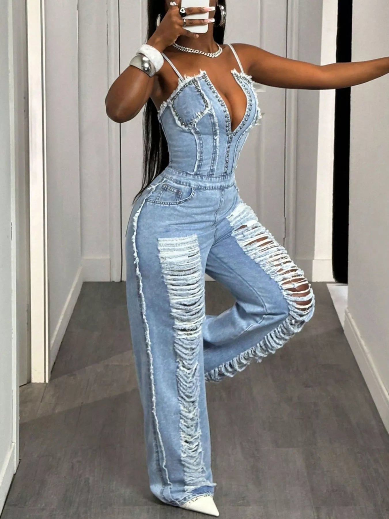 Distressed Spaghetti Strap Wide-Leg Denim Jumpsuit – Side Profile Full Length View