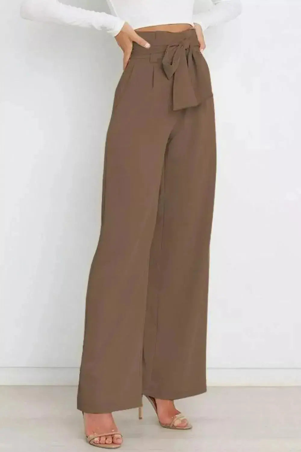 High Waist Tie Front Wide Leg Pants - DaisyDrop 