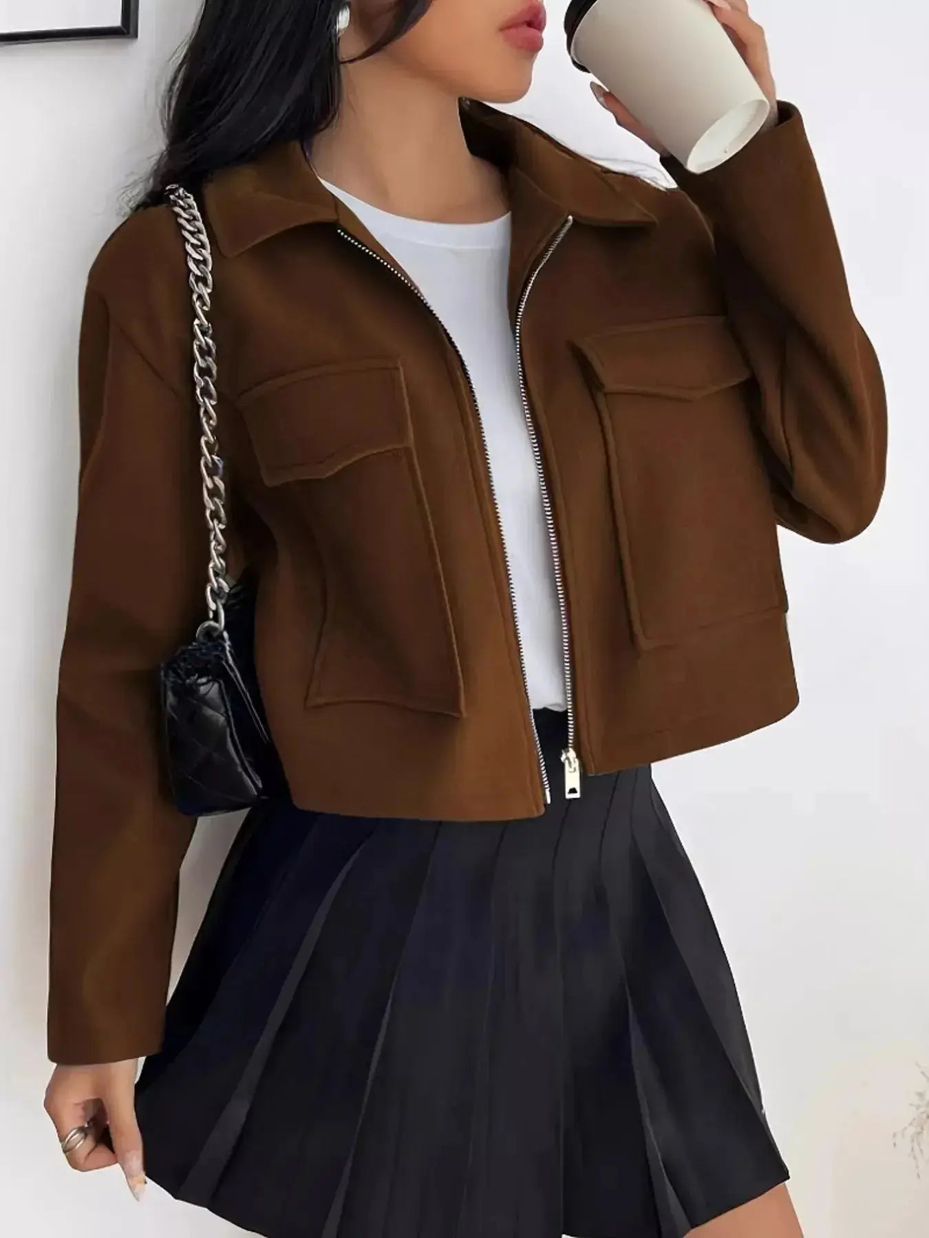 Cropped Zip-Up Pocketed Jacket - DaisyDrop 
