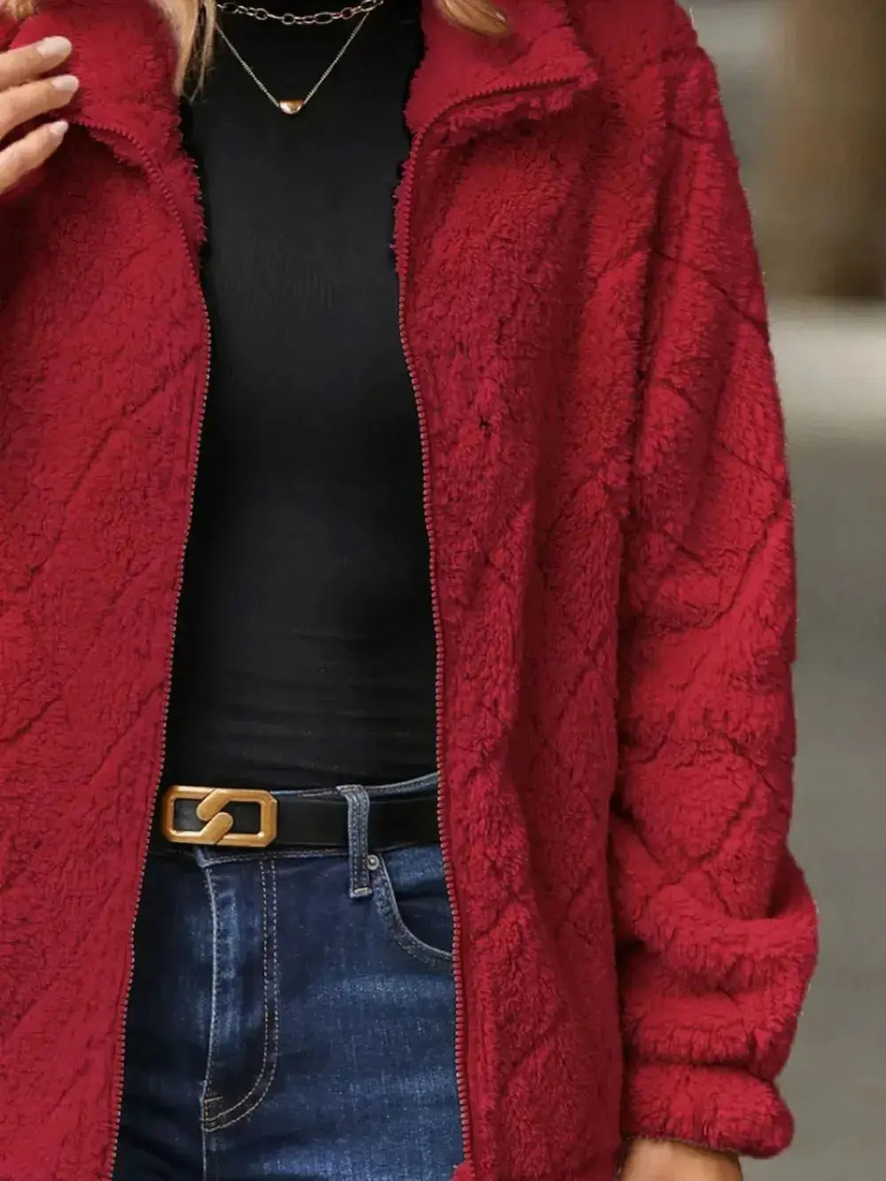 Fuzzy Pocketed Zip Up Jacket - DaisyDrop 