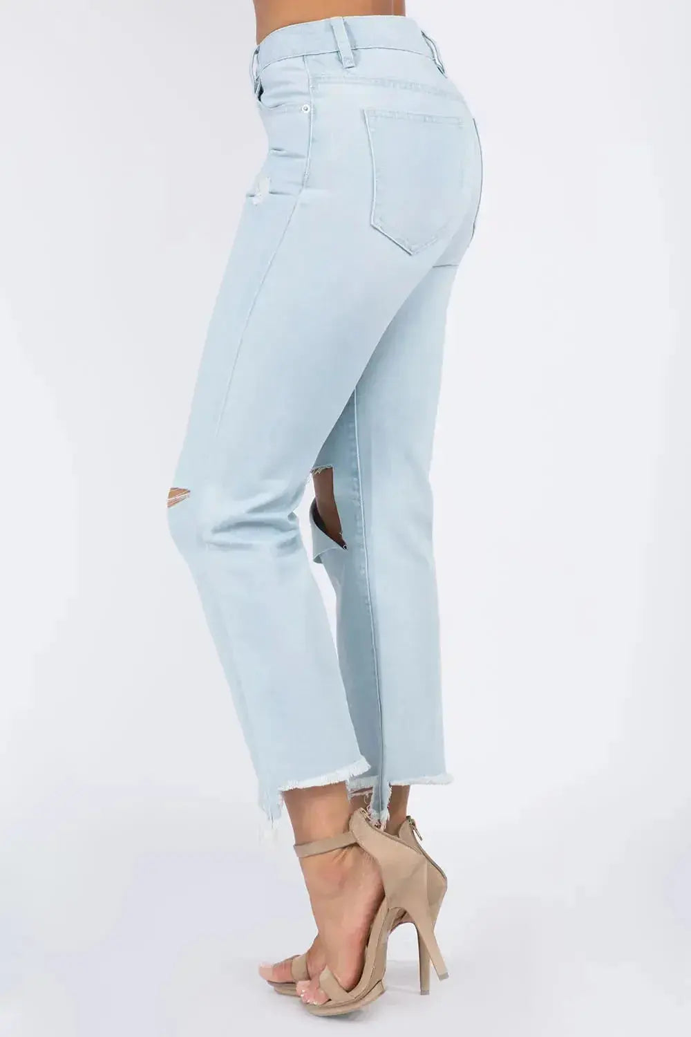 American Bazi High Waist Distressed Raw Hem Jeans - DaisyDrop 