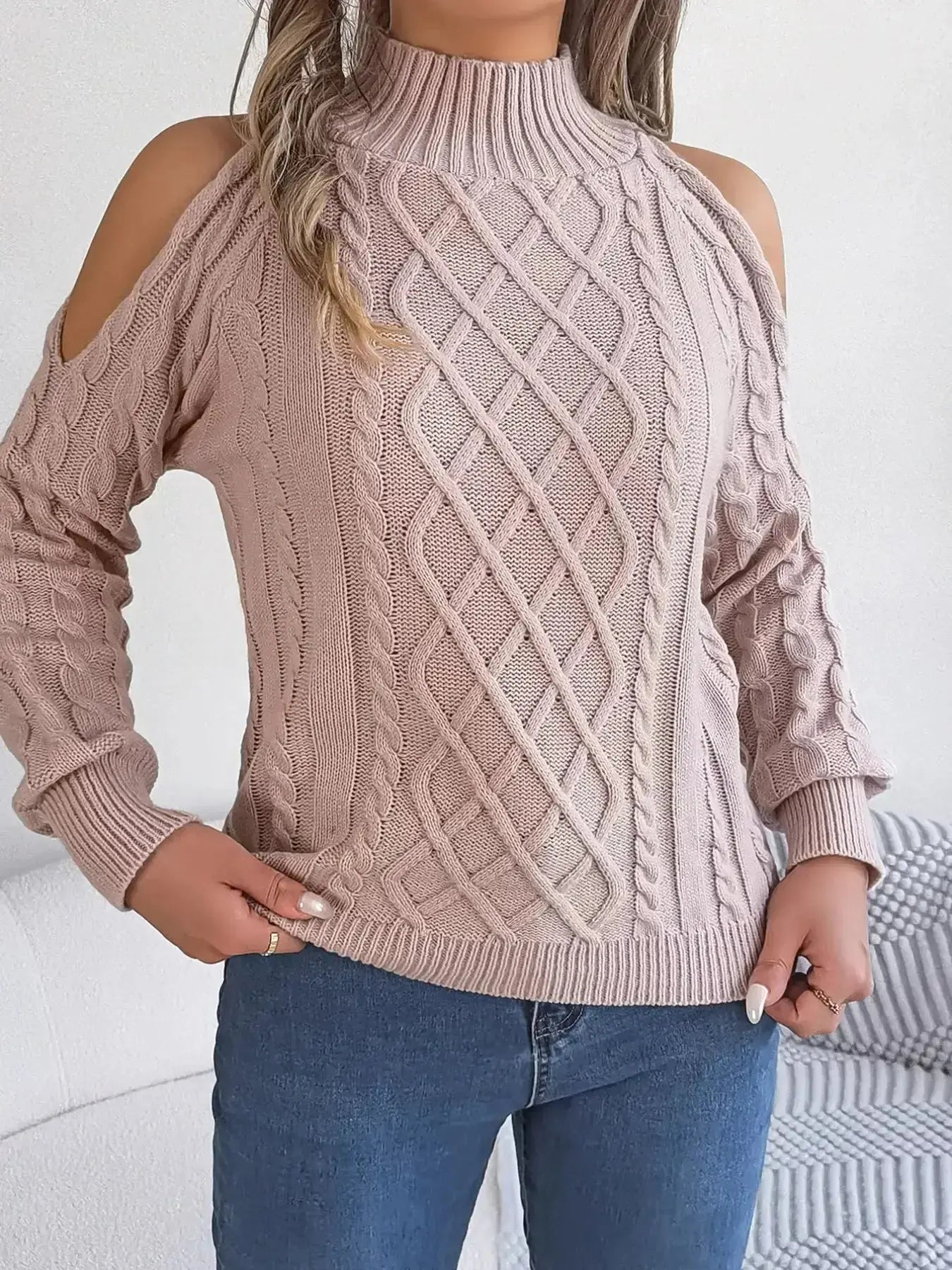 Cable Knit Cold Shoulder Turtleneck Sweater - DaisyDrop 