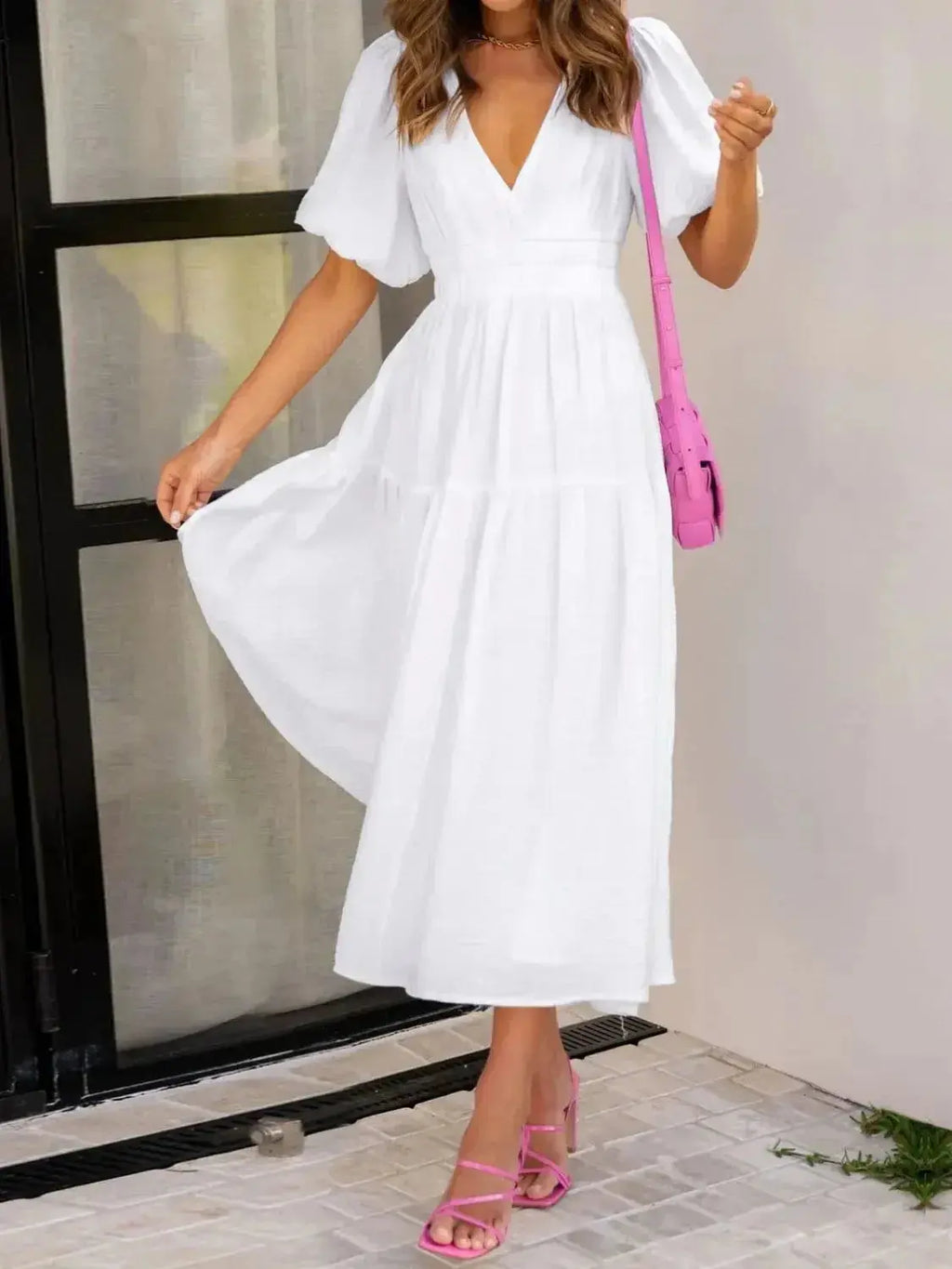 V-Neck Puff Sleeve Midi Dress - DaisyDrop 