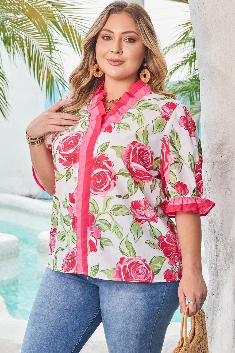 Elise Plus Size Floral Frilled Stripes Blouse Threaded Pear