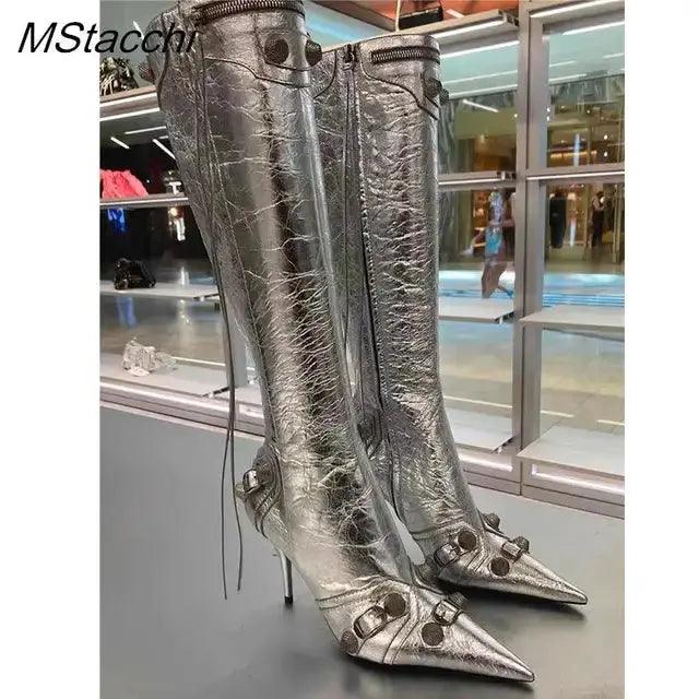 Zipper-Sid Long Botas De Mujer Metal Rivet Women High Knee Pointed Toe Boots eprolo