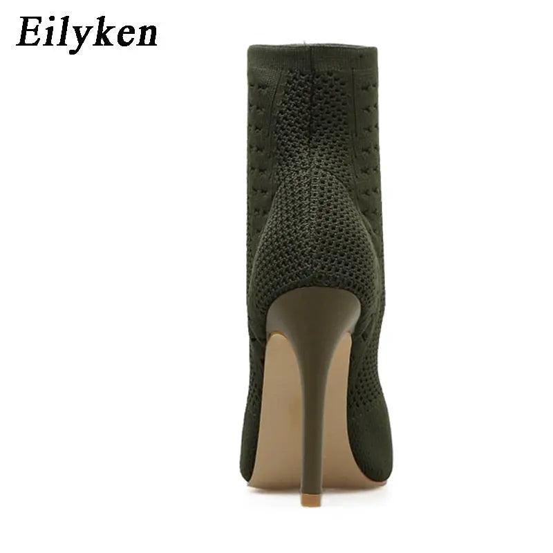 Womens Ankle Boots Green Elastic Knit Sock Open Toe eprolo