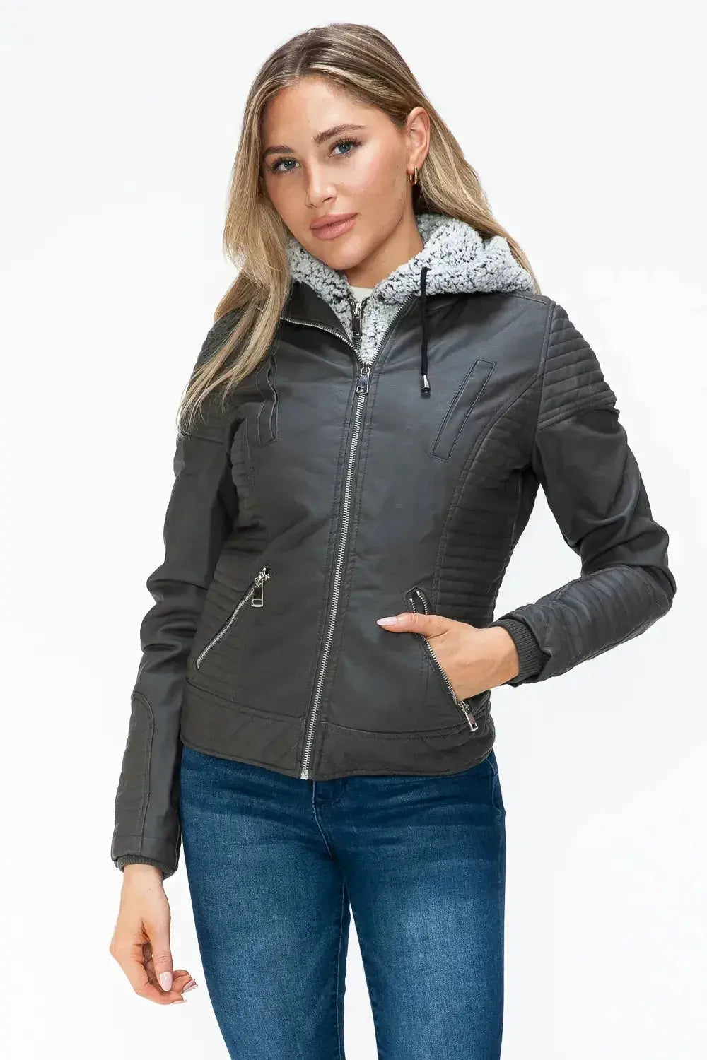YMI Faux Layered Double-Zipper Jacket with Fuzzy Hood - DaisyDrop 
